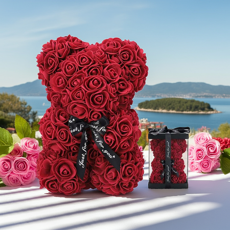 Gifts for Women - Rose Bear - Rose Flower Bear Hand Made Rose Teddy Bear - Gift for Valentines Day;  Mothers Day;  Wedding and Anniversary & Bridal Showers - w/Clear Clear Gift Box 10 Inch (Red)